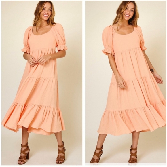 Ces Femme Dresses & Skirts - Beautiful Boho Laura Short Sleeve Tiered Midi Prairie Dress Peach Large W-457